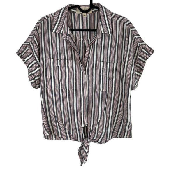 Cloth & Stone Top Small Linen Blend Button Tie Waist Striped White Red Blue - Picture 1 of 8